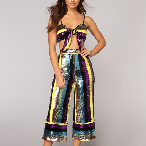 NWT Fashion Nova 2 PC Stripe Sequin Coord Set - Picture 1 of 12